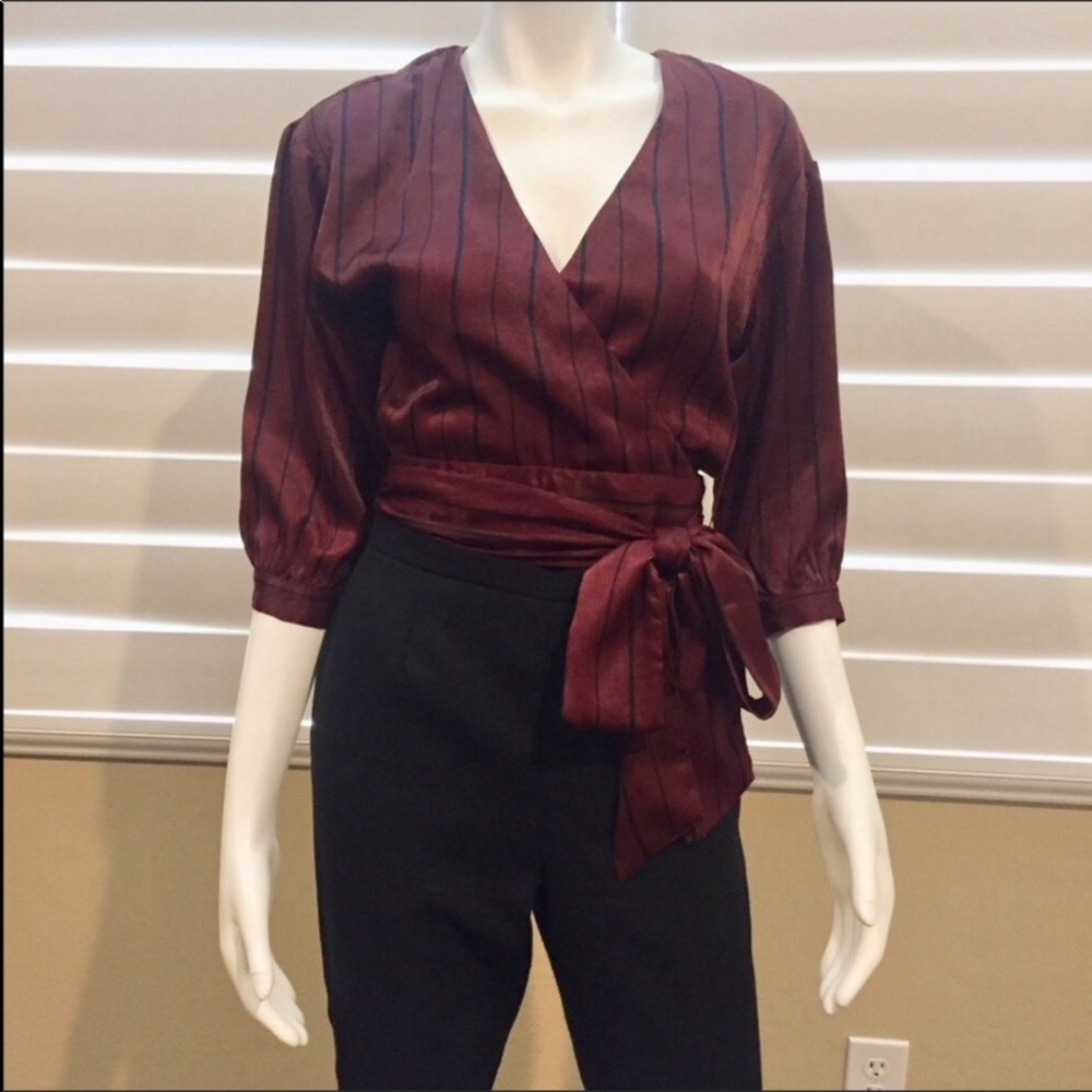 Women’s Burgundy Wrap Blouse with Tie Waist